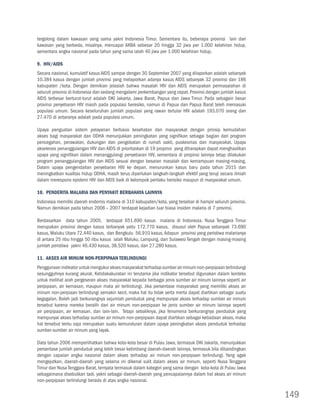 tergolong dalam kawasan yang sama yakni Indonesia Timur. Sementara itu, beberapa provinsi lain dari
kawasan yang berbeda, misalnya, mencapai AKBA sebesar 20 hingga 32 jiwa per 1.000 kelahiran hidup,
sementara angka nasional pada tahun yang sama ialah 40 jiwa per 1.000 kelahiran hidup.

9. HIV/AIDS
Secara nasional, kumulatif kasus AIDS sampai dengan 30 September 2007 yang dilaporkan adalah sebanyak
10.384 kasus dengan jumlah provinsi yang melaporkan adanya kasus AIDS sebanyak 32 provinsi dan 186
kabupaten /kota. Dengan demikian jelaslah bahwa masalah HIV dan AIDS merupakan permasalahan di
seluruh provinsi di Indonesia dan sedang mengalami perkembangan yang cepat. Provinsi dengan jumlah kasus
AIDS terbesar berturut-turut adalah DKI Jakarta, Jawa Barat, Papua dan Jawa Timur. Pada sebagain besar
provinsi penyebaran HIV masih pada populasi beresiko, namun di Papua dan Papua Barat teleh memasuki
populasi umum. Secara keseluruhan jumlah populasi yang rawan tertular HIV adalah 193.070 orang dan
27.470 di antaranya adalah pada populasi umum.

Upaya penguatan sistem pelayanan berbasis kesehatan dan masyarakat dengan prinsip kemudahan
akses bagi masyarakat dan ODHA menunjukkan peningkatan yang signifikan sebagai bagian dari program
pencegahan, perawatan, dukungan dan pengobatan di rumah sakit, puskesmas dan masyarakat. Upaya
akselerasi penanggulangan HIV dan AIDS di prioritaskan di 19 propinsi yang diharapkan dapat menghasilkan
upaya yang signifikan dalam menanggulangi penyebaran HIV, sementara di propinsi lainnya tetap dilakukan
program penanggulangan HIV dan AIDS sesuai dengan besaran masalah dan kemampuan masing-masing.
Dalam upaya pengendalian penyebaran HIV ke depan, menurunkan kasus baru pada tahun 2015 dan
meningkatkan kualitas hidup ODHA, masih terus diperlukan langkah-langkah efektif yang teruji secara ilmiah
dalam merespons epidemi HIV dan AIDS baik di kelompok perilaku berisiko maupun di masyarakat umum.

10. Penderita Malaria dan Penyakit Berbahaya lainnya
Indonesia memiliki daerah endemis malaria di 310 kabupaten/kota, yang tersebar di hampir seluruh provinsi.
Namun demikian pada tahun 2006 – 2007 terdapat kejadian luar biasa insiden malaria di 7 provinsi,

Berdasarkan data tahun 2005, terdapat 651.690 kasus malaria di Indonesia. Nusa Tenggara Timur
merupakan provinsi dengan kasus terbanyak yaitu 172.770 kasus, disusul oleh Papua sebanyak 73.690
kasus, Maluku Utara 72.440 kasus, dan Bengkulu 56.910 kasus. Adapun provinsi yang peristiwa malarianya
di antara 25 ribu hingga 50 ribu kasus ialah Maluku, Lampung, dan Sulawesi Tengah dengan masing-masing
jumlah peristiwa yakni 46.430 kasus, 38.520 kasus, dan 27.280 kasus.

11. Akses Air Minum Non-perpipaan Terlindungi
Penggunaan indikator untuk mengukur akses masyarakat terhadap sumber air minum non-perpipaan terlindungi
sesungguhnya kurang akurat. Ketidakakuratan ini terutama jika indikator tersebut digunakan dalam konteks
untuk melihat arah pergeseran akses masyarakat kepada berbagai jenis sumber air minum lainnya seperti air
perpipaan, air kemasan, maupun mata air terlindungi. Jika persentase masyarakat yang memiliki akses air
minum non-perpiaan terlindungi semakin kecil, maka hal itu tidak serta merta dapat diartikan sebagai suatu
kegagalan. Boleh jadi berkurangnya sejumlah penduduk yang mempunyai akses terhadap sumber air minum
tersebut karena mereka beralih dari air minum non-perpipaan ke jenis sumber air minum lainnya seperti
air perpipaan, air kemasan, dan lain-lain. Tetapi sebaliknya, jika fenomena berkurangnya penduduk yang
mempunyai akses terhadap sumber air minum non-perpipaan dapat diartikan sebagai ketiadaan akses, maka
hal tersebut tentu saja merupakan suatu kemunduran dalam upaya peningkatan akses penduduk terhadap
sumber-sumber air minum yang layak.
	
Data tahun 2006 memperlihatkan bahwa kota-kota besar di Pulau Jawa, termasuk DKI Jakarta, menunjukkan
persentase jumlah penduduk yang lebih besar ketimbang daerah-daerah lainnya, termasuk bila dibandingkan
dengan capaian angka nasional dalam akses terhadap air minum non-perpipaan terlindungi. Yang agak
mengejutkan, daerah-daerah yang selama ini dikenal sulit dalam akses air minum, seperti Nusa Tenggara
Timur dan Nusa Tenggara Barat, ternyata termasuk dalam kategori yang sama dengan kota-kota di Pulau Jawa
sebagaimana disebutkan tadi, yakni sebagai daerah-daerah yang pencapaiannya dalam hal akses air minum
non-perpipaan terlindungi berada di atas angka nasional.

                                                                                                             149
 