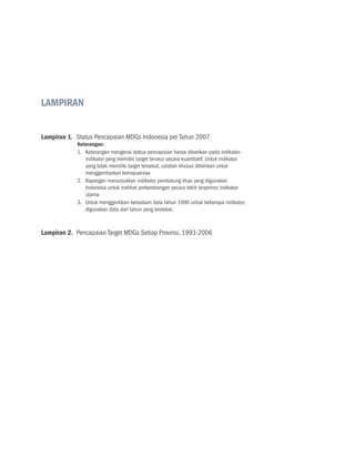 LAMPIRAN


Lampiran 1. Status Pencapaian MDGs Indonesia per Tahun 2007
            Keterangan:
            1. 	Keterangan mengenai status pencapaian hanya diberikan pada indikator-
                indikator yang memiliki target terukur secara kuantitatif. Untuk indikator
                yang tidak memiliki target tersebut, catatan khusus diberikan untuk
                menggambarkan kemajuannya
            2. 	Bayangan menunjukkan indikator pendukung khas yang digunakan
                Indonesia untuk melihat perkembangan secara lebih terperinci indikator
                utama
            3. 	Untuk menggantikan ketiadaan data tahun 1990 untuk beberapa indikator,
                digunakan data dari tahun yang terdekat.	



Lampiran 2. Pencapaian Target MDGs Setiap Provinsi, 1993-2006
 