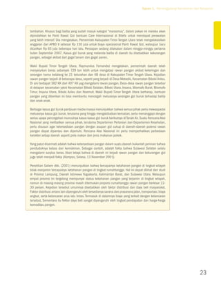 Tujuan 1. Menanggulangi Kemiskinan dan Kelaparan




tambahan. Khusus bagi balita yang sudah masuk kategori “marasmus”, dalam pekan ini mereka akan
dipindahkan ke Panti Rawat Gizi bantuan Care Internasional di Bitefa untuk mendapat perawatan
yang lebih intensif. Dia mengatakan, Pemerintah Kabupaten Timor Tengah Utara telah mengalokasikan
anggaran dari APBD II sebesar Rp 150 juta untuk biaya operasional Panti Rawat Gizi, walaupun baru
dicairkan Rp 65 juta beberapa hari lalu. Persiapan sedang dilakukan dalam minggu-minggu pertama
bulan September 2007. Kasus gizi buruk yang melanda balita di daerah itu disebabkan kekurangan
pangan, sebagai akibat dari gagal tanam dan gagal panen.

Wakil Bupati Timor Tengah Utara, Raymundus Fernandez mengatakan, pemerintah daerah telah
menyalurkan beras sebanyak 729 ton lebih untuk mengatasi rawan pangan akibat kekeringan dan
serangan hama belalang ke 21 kelurahan dan 68 desa di Kabupaten Timor Tengah Utara. Kejadian
rawan pangan terjadi di beberapa desa, seperti yang terjadi di Desa Motadik, Kecamatan Biboki Anleu.
Di sini terdapat 382 KK dari 407 KK yag mengalami rawan pangan. Desa-desa rawan pangan tersebar
di delapan kecamatan yakni Kecamatan Biboki Selatan, Biboki Utara, Insana, Miomafo Barat, Miomafo
Timur, Insana Utara, Biboki Anleu dan Noemuti. Wakil Bupati Timor Tengah Utara berharap, bantuan
pangan yang diberikan ini bisa membantu mencegah meluasnya serangan gizi buruk terhadap balita
dan anak-anak.

Berbagai kasus gizi buruk pantauan media massa menunjukkan bahwa semua pihak perlu mewaspadai
meluasnya kasus gizi buruk, terutama yang hingga mengakibatkan kematian, serta menanggapi dengan
serius upaya pencegahan munculnya kasus-kasus gizi buruk berikutnya di Tanah Air. Suatu Rencana Aksi
Nasional yang melibatkan semua pihak, terutama Departemen Pertanian dan Departemen Kesehatan,
perlu disusun agar ketersediaan pangan dengan asupan gizi cukup di daerah-daerah potensi rawan
pangan dapat dipantau dan dipenuhi. Rencana Aksi Nasional ini perlu memperhatikan perbedaan
karakter setiap daerah seperti pola makan dan jenis makanan pokok.

Yang patut dicermati adalah bahwa ketersediaan pangan dalam suatu daerah bukanlah jaminan bahwa
penduduknya bebas dari kemiskinan. Sebagai contoh, adalah fakta bahwa Sulawesi Selatan selalu
mengalami surplus beras. Akan tetapi bahwa di daerah ini terjadi rawan pangan dan kekurangan gizi
juga telah menjadi fakta (Kompas, Selasa, 13 November 2001).

Penelitian Saliem dkk. (2001) menunjukkan bahwa tercapainya ketahanan pangan di tingkat wilayah
tidak menjamin tercapainya ketahanan pangan di tingkat rumahtangga. Hal ini dapat dilihat dari studi
di Provinsi Lampung, Daerah Istimewa Yogyakarta, Kalimantan Barat, dan Sulawesi Utara. Walaupun
empat provinsi ini tergolong mempunyai status ketahanan pangan yang terjamin di tingkat wilayah,
namun di masing-masing provinsi masih ditemukan proporsi rumahtangga rawan pangan berkisar 22-
30 persen. Kejadian tersebut umumnya disebabkan oleh faktor distribusi dan daya beli masyarakat.
Faktor distribusi antara lain dipengaruhi oleh tersedianya sarana dan prasarana jalan, transportasi, biaya
angkut, serta kelancaran arus lalu lintas. Termasuk di dalamnya biaya yang terkait dengan kelancaran
tersebut. Sementara itu faktor daya beli sangat dipengaruhi oleh tingkat pendapatan dan harga-harga
komoditas pangan.




                                                                                                                              23
 