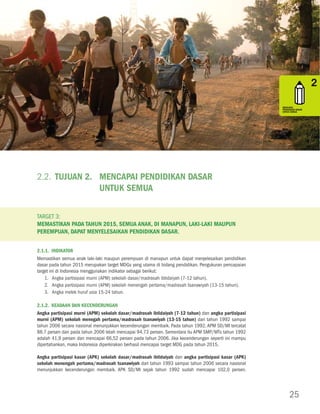 Tujuan 2. Mencapai Pendidikan Dasar untuk Semua




MENANGGULANGI                                                                                                                             MENANGGULANGI
KEMISKINAN                                                                                                                                KEMISKINAN
DAN KELAPARAN                                                                                                                             DAN KELAPARAN




MENcAPAI                                                                                                                                  MENcAPAI
PENDIDIKAN DASAR                                                                                                                          PENDIDIKAN DASAR
UNtUK SEMUA                                                                                                                               UNtUK SEMUA




MENDORONG                                                                                                                                 MENDORONG
KESEtARAAN GENDER                                                                                                                         KESEtARAAN GENDER
DAN PEMBERDAYAAN                                                                                                                          DAN PEMBERDAYAAN
PEREMPUAN                                                                                                                                 PEREMPUAN




                         2.2. Tujuan 2.	 Mencapai Pendidikan Dasar
                                         untuk Semua
MENURUNKAN                                                                                                                                MENURUNKAN
KEMAtIAN ANAK                                                                                                                             KEMAtIAN ANAK




                         Target 3:
                         Memastikan pada tahun 2015, semua anak, di manapun, laki-laki maupun
                         perempuan, dapat menyelesaikan pendidikan dasar.
MENINGKAtKAN                                                                                                                              MENINGKAtKAN
KESEHAtAN IBU                                                                                                                             KESEHAtAN IBU

                         2.1.1. Indikator
                         Memastikan semua anak laki-laki maupun perempuan di manapun untuk dapat menyelesaikan pendidikan
                         dasar pada tahun 2015 merupakan target MDGs yang utama di bidang pendidikan. Pengukuran pencapaian
                         target ini di Indonesia menggunakan indikator sebagai berikut:
                             1.	Angka partisipasi murni (APM) sekolah dasar/madrasah ibtidaiyah (7-12 tahun).
MEMERANGI HIV/AIDS,
MALARIA, DAN PENYAKIt
                             2.	Angka partisipasi murni (APM) sekolah menengah pertama/madrasah tsanawiyah (13-15 tahun).                 MEMERANGI HIV/AIDS,
                                                                                                                                          MALARIA, DAN PENYAKIt
MENULAR LAINNYA                                                                                                                           MENULAR LAINNYA
                             3.	Angka melek huruf usia 15-24 tahun.

                         2.1.2. Keadaan dan Kecenderungan
                         Angka partisipasi murni (APM) sekolah dasar/madrasah ibtidaiyah (7-12 tahun) dan angka partisipasi
                         murni (APM) sekolah menegah pertama/madrasah tsanawiyah (13-15 tahun) dari tahun 1992 sampai
                         tahun 2006 secara nasional menunjukkan kecenderungan membaik. Pada tahun 1992, APM SD/MI tercatat
MEMAStIKAN KELEStARIAN
LINGKUNGAN HIDUP
                         88,7 persen dan pada tahun 2006 telah mencapai 94,73 persen. Sementara itu APM SMP/MTs tahun 1992                MEMAStIKAN KELEStARIAN
                                                                                                                                          LINGKUNGAN HIDUP
                         adalah 41,9 persen dan mencapai 66,52 persen pada tahun 2006. Jika kecenderungan seperti ini mampu
                         dipertahankan, maka Indonesia diperkirakan berhasil mencapai target MDG pada tahun 2015.

                         Angka partisipasi kasar (APK) sekolah dasar/madrasah ibtidaiyah dan angka partisipasi kasar (APK)
                         sekolah menengah pertama/madrasah tsanawiyah dari tahun 1993 sampai tahun 2006 secara nasional
                         menunjukkan kecenderungan membaik. APK SD/MI sejak tahun 1992 sudah mencapai 102,0 persen.
MEMBANGUN                                                                                                                                 MEMBANGUN
KEMItRAAN GLOBAL                                                                                                                          KEMItRAAN GLOBAL
UNtUK PEMBANGUNAN                                                                                                                         UNtUK PEMBANGUNAN




                                                                                                                                               25
 