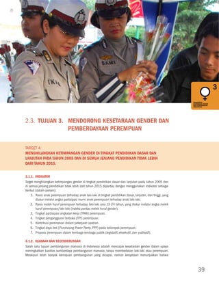 Tujuan 3. Mendorong Kesetaraan Gender dan Pemberdayaan Perempuan




MENANGGULANGI                                                                                                                                  MENANGGULANGI
KEMISKINAN                                                                                                                                     KEMISKINAN
DAN KELAPARAN                                                                                                                                  DAN KELAPARAN




MENcAPAI                                                                                                                                       MENcAPAI
PENDIDIKAN DASAR                                                                                                                               PENDIDIKAN DASAR
UNtUK SEMUA                                                                                                                                    UNtUK SEMUA




MENDORONG                                                                                                                                      MENDORONG
KESEtARAAN GENDER                                                                                                                              KESEtARAAN GENDER
DAN PEMBERDAYAAN                                                                                                                               DAN PEMBERDAYAAN
PEREMPUAN                                                                                                                                      PEREMPUAN




                         2.3. Tujuan 3.	 Mendorong Kesetaraan Gender dan
                                         Pemberdayaan Perempuan
MENURUNKAN                                                                                                                                     MENURUNKAN
KEMAtIAN ANAK                                                                                                                                  KEMAtIAN ANAK




                         Target 4:
                         Menghilangkan ketimpangan gender di tingkat pendidikan dasar dan
                         lanjutan pada tahun 2005 dan di semua jenjang pendidikan tidak lebih
MENINGKAtKAN
                         dari tahun 2015.                                                                                                      MENINGKAtKAN
KESEHAtAN IBU                                                                                                                                  KESEHAtAN IBU




                         3.1.1. Indikator
                         Target menghilangkan ketimpangan gender di tingkat pendidikan dasar dan lanjutan pada tahun 2005 dan
                         di semua jenjang pendidikan tidak lebih dari tahun 2015 dipantau dengan menggunakan indikator sebagai
                         berikut (dalam persen):
MEMERANGI HIV/AIDS,
MALARIA, DAN PENYAKIt
                             1.	Rasio anak perempuan terhadap anak laki-laki di tingkat pendidikan dasar, lanjutan, dan tinggi, yang           MEMERANGI HIV/AIDS,
                                                                                                                                               MALARIA, DAN PENYAKIt
MENULAR LAINNYA                                                                                                                                MENULAR LAINNYA
                                 diukur melalui angka partisipasi murni anak perempuan terhadap anak laki-laki.
                             2.	Rasio melek huruf perempuan terhadap laki-laki usia 15-24 tahun, yang diukur melalui angka melek
                                 huruf perempuan/laki-laki (indeks paritas melek huruf gender).
                             3.	Tingkat partisipasi angkatan kerja (TPAK) perempuan.
                             4.	Tingkat pengangguran terbuka (TPT) perempuan.
                             5.	Kontribusi perempuan dalam pekerjaan upahan.
MEMAStIKAN KELEStARIAN
LINGKUNGAN HIDUP             6.	Tingkat daya beli (Purchasing Power Parity, PPP) pada kelompok perempuan.                                      MEMAStIKAN KELEStARIAN
                                                                                                                                               LINGKUNGAN HIDUP

                             7.	Proporsi perempuan dalam lembaga-lembaga publik (legislatif, eksekutif, dan yudikatif).

                         3.1.2. Keadaan dan Kecenderungan
                         Salah satu tujuan pembangunan manusia di Indonesia adalah mencapai kesetaraan gender dalam upaya
                         meningkatkan kualitas sumberdaya pembangunan manusia, tanpa membedakan laki-laki atau perempuan.
MEMBANGUN                Meskipun telah banyak kemajuan pembangunan yang dicapai, namun kenyataan menunjukkan bahwa                            MEMBANGUN
KEMItRAAN GLOBAL                                                                                                                               KEMItRAAN GLOBAL
UNtUK PEMBANGUNAN                                                                                                                              UNtUK PEMBANGUNAN




                                                                                                                                                    39
 