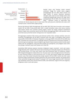 LAPORAN PERKEMBANGAN PENCAPAIAN MDGs INDONESIA 2007




                                    transfusi darah   0
                                                                                     Kendala utama yang dihadapi adalah masalah
                                          perinatal   1,6                            pendanaan. Hingga kini, sumber utama anggaran
                       Gambar 6.4
    Persentase kasus AIDS menurut   tidak diketahui 2,8                              penanggulangan HIV dan AIDS adalah bantuan luar
       mode penularan (sampai 30                                                     negeri (sekitar 70 persen). Diperlukan aktualisasi
                 September 2007)        Homoseks      4                              dukungan politis yang kuat dari berbagai pihak untuk
                                        Heteroseks                        42         mengurangi ketergantungan bantuan luar negeri dalam
                        Sumber:
    Departemen Kesehatan (2007)                 iDu                           49,5
                                                                                     penanggulangan HIV dan AIDS. Untuk mencapai tujuan
                                                                                     MDGs , diperlukan scaling up upaya-upaya yang
                                    mendesak dan darurat yang ada saat ini secara tepat. Pada saat yang sama, diperlukan pula upaya untuk
                                    merespon secara nasional dalam jangka panjang.

                                    Rencana Aksi Nasional (RAN) Penanggulangan HIV dan AIDS 2007-2010 telah dirumuskan untuk merespon
                                    epidemi HIV dan AIDS. Prinsip-prinsip dalam RAN ini adalah kemudahan akses untuk semua, terutama
                                    pada delapan sasaran kunci; pemilihan prioritas program, sasaran dan wilayah; pelayanan komprehensif
                                    sedekat mungkin; peran pemerintah daerah dan KPA (Komite penanggulangan AIDS); serta kemitraan antara
                                    pemerintah pusat, pemerintah daerah, lembaga donor, dan masyarakat madani.

                                    Penanggulangan penyebaran HIV, terutama pada kelompok perilaku resiko, mendapat perhatian utama dari
                                    Pemerintah. Penanggulangan HIV dan AIDS di Indonesia terdiri atas upaya 1) pencegahan infeksi menular
                                    seksual (IMS), HIV dan AIDS; 2) Perawatan, Pengobatan an Dukungan ODHA; 3) Surveilens HIV dan AIDS serta
                                    IMS; 4) Penelitian dan riset oprasional; 5) Lingkungan kondusif; 6) Koordinasi dan harmonisasi multipihak; 7)
                                    Kesinambungan penangulangan. Upaya pencegahan juga ditujukan kepada populasi perilaku beresiko seperti
                                    pekerja seks dan pelanggannya, orang yang telah terinfeksi dan pasangannya, para pengguna napza suntik,
                                    serta petugas kesehatan yang mudah terpapar oleh infeksi HIV.

                                    Aksesibilitas ODHA terhadap pelayanan kesehatan ditingkatkan dengan menambah rumah sakit rujukan.
                                    Hingga November 2007, terdapat 296 tempat layanan Konseling dan testing HIV Sukarela atau HIV Voluntary
                                    and Conselling Testing, 153 rumah sakit rujukan untuk obat Antiretroviral (ARV), 20 puskesmas melayani
                                    IMAI (Integrated Management of Adult Illness) dan 19 pusat rujukan untuk mencegah penularan HIV dari ibu
                                    ke anak (Prevention Mother to Child Transmission) dan 10 rumah sakit ditunjuk sebagai pusat rehabilitasi
                                    pecandu napza. Pada wilayah kabupaten/kota dengan prevalensi HIV dan AIDS 5 persen atau lebih, upaya
                                    koordinasi dengan pemberantasan penyakit tuberkulosis (TB) secara konsisten dilakukan. Hal penting karena
                                    infeksi oportunistik tertinggi tercatat adalah TB sebanyak 5.327 kasus hingga September 2007. Pemerintah
                                    juga memberikan subsidi penuh obat Anti Retroviral (ARV), obat tuberkulosis, reagen tes HIV, serta diagnosis/
                                    pengobatan melalui rumah sakit rujukan.




    64
 