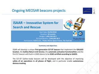 6
Ongoing MEOSAR beacons projects
Summary and objectives
iSAAR – Innovative System for
Search and Rescue
Start Date: 01/03/2018
Duration: 24 months
Budget: 1,491,562.09 €
EU Contribution: 1,044,093.46 €
Participants: ELTA S.A.S., Thales Alenia Space France, Tüv Sud Ltd.
iSSAR will develop a unique first-generation ELT-DT beacon that implement the GALILEO
location, the Galileo Return Link Service, the automatic activation functionalities and the
first ELT beacon with built-in GNSS device to be ICAO certified according to GADSS.
The ELT-DT Galileo-ready beacons will be developed with the objective of improving
safety of air operations in all phases of flight, and in particular enable autonomous
distress tracking.
 