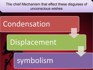 Condensation
Displacement
symbolism
The chief Mechanism that effect these disguises of
unconscious wishes
 