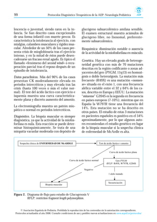 99                               Protocolos Diagnóstico Terapeúticos de la AEP: Neurología Pediátrica



lescencia o juventud, siendo raros en la in-                       glucógeno subsarcolémico amilasa sensible.
fancia. Se han descrito casos excepcionales                        El examen estructural muestra acúmulos de
de una forma infantil con muerte precoz. Es                        glucógeno libre, no lisosomal, preferente-
característica la intolerancia al ejercicio, con                   mente subsarcolémico.
mialgias, calambres musculares y rigidez mus-
cular. Alrededor de un 50% de los casos pre-                       Bioquímica: disminución notable o ausencia
senta crisis de mioglobinuria tras el ejercicio                    de la actividad de la miofosforilasa en músculo.
intenso, y en la mitad de éstos puede desen-
cadenarse un fracaso renal agudo. Es típico el                     Genética. Hay un elevado grado de heteroge-
llamado «fenómeno del second wind» o recu-                         neidad genética con más de 70 mutaciones
peración parcial tras el reposo después de un                      descritas en la región codificante o zonas ad-
episodio de intolerancia.
                                                                   yacentes del gen (PYGM, 11q13) en homozi-
Datos paraclínicos. Más del 90% de los casos                       gosis o doble heterozigosis. La mutación más
presentan CK moderadamente elevada en                              frecuente (R49X) es una mutación «nonsen-
periodos intercríticos y muy elevada tras las                      se» situada en el exón 1, con una frecuencia
crisis (hasta 100 veces o más el valor nor-                        alélica variable entre el 32 y 64% de los ca-
mal). El test del ácido láctico con ejercicio e                    sos, descrita en Europa y EEUU. La mutación
isquemia muestra una curva característica-                         “missense” G204S es la segunda en frecuencia
mente plana y discreto aumento del amonio.                         en países europeos (7-10%), mientras que en
                                                                   España la W797R tiene una frecuencia del
La electromiografía muestra un patrón mio-
                                                                   14%. Esta mutación no se ha descrito en
pático o normal en periodos intercríticos.
                                                                   otros países. El estudio de estas 3 mutaciones
Diagnóstico. La biopsia muscular es siempre                        en pacientes españoles es positivo en el 54%
diagnóstica, ya que la actividad de la miofos-                     aproximadamente, por lo que algunos auto-
forilasa es nula. Esta reacción se puede deter-                    res recomiendan el estudio genético en lugar
minar histoquímicamente. Se trata de una                           de la biopsia muscular si la sospecha clínica
miopatía vacuolar moderada con depósito de                         de enfermedad de McArdle es alta.


     Sospecha clínica de ENFERMEDAD DE McARDLE                                        Test de ácido láctico y amonio


                                                                                                Curva de ácido láctico plana


                                                      Curva de ácido láctico normal                 Gen PYGM
                                                                                             RFLP: R49X, W797R, G204S

                                                                     Negativo
                                                                                               1 alelo mutado


                                                                                               Secuenciación
                              Biopsia muscular



Figura 2. Diagrama de flujo para estudio de Glucogenosis V
          RFLP: restriction fragment length polymorphism.


      © Asociación Española de Pediatría. Prohibida la reproducción de los contenidos sin la autorización correspondiente.
 Protocolos actualizados al año 2008. Consulte condiciones de uso y posibles nuevas actualizaciones en www.aeped.es/protocolos/
 