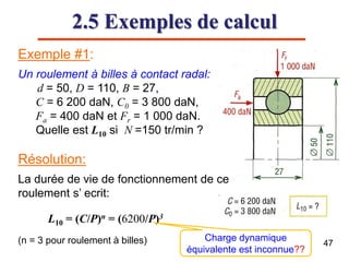 2.5 Exemples de calcul
Exemple #1:
Un roulement à billes à contact radal:
d = 50, D = 110, B = 27,
C = 6 200 daN, C0 = 3 800 daN,
Fa = 400 daN et Fr = 1 000 daN.
Quelle est L10 si N =150 tr/min ?
Résolution:
La durée de vie de fonctionnement de ce
roulement s’ ecrit:
L10 = (C/P)n = (6200/P)3
(n = 3 pour roulement à billes) Charge dynamique
équivalente est inconnue??
47
 