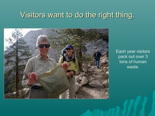 Visitors want to do the right thing.Visitors want to do the right thing.
Each year visitors
pack out over 3
tons of human
waste.
 