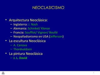3
NEOCLASICISMO
• Arquitectura Neoclásica:
– Inglaterra: J. Nash
– Alemania: Schinkel/ Klenze
– Francia: Soufflot/ Vignon/ Boullé
– Neopalladianismo en USA (Jefferson)
• La escultura Neoclásica
– A. Canova
– Thordvaldsen
• La pintura Neoclásica
– J. L. David
 
