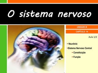 O sistema nervoso
                     UNIDADE III

                    CAPÍTULO 14

                                   Aula 1/2

             Neurônio
            Sistema Nervoso Central
                 Constituição
                 Função
 