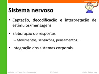 O sistema nervoso




Sistema nervoso
• Captação, decodificação e interpretação de
  estímulos/mensagens
• Elaboração de respostas
      – Movimentos, sensações, pensamentos...

• Integração dos sistemas corporais




Ciências – 8º ano Ens. Fundamental   3º Período   Profa. Rebeca Vale
 