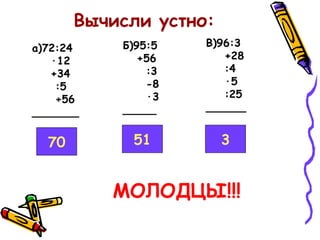 Вычисли устно:
а)72:24
·12
+34
:5
+56
_______

Б)95:5
+56
:3
-8
·3
_____

В)96:3
+28
:4
·5
:25
______

70

51

3

МОЛОДЦЫ!!!

 