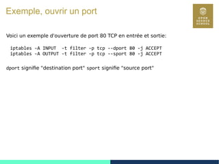 108
Exemple, ouvrir un port
Voici un exemple d'ouverture de port 80 TCP en entrée et sortie:
iptables -A INPUT -t filter -p tcp --dport 80 -j ACCEPT
iptables -A OUTPUT -t filter -p tcp --sport 80 -j ACCEPT
dport signifie "destination port" sport signifie "source port"
 