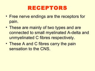 RECEPTORS <ul><li>Free nerve endings are the receptors for pain. </li></ul><ul><li>These are mainly of two types and are c...