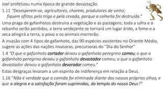 Joel profetizou numa época de grande devastação.
1.11 “Desesperem-se, agricultores, chorem, produtores de vinho;
fiquem aflitos pelo trigo e pela cevada, porque a colheita foi destruída.”
Uma praga de gafanhotos destruíra a vegetação e as pastagens; toda a safra e o
rebanho serão perdidos, a terra verdejante se tornará um lugar árido, a fome e a
seca atingirá a terra, o povo e os animais morrerão.
A invasão com 4 tipos de gafanhoto, das 90 espécies existentes no Oriente Médio,
sugere as ações das nações invasoras, precursoras do ''Dia do Senhor"
1.4 “O que o gafanhoto cortador deixou o gafanhoto peregrino comeu; o que o
gafanhoto peregrino deixou o gafanhoto devastador comeu; o que o gafanhoto
devastador deixou o gafanhoto devorador comeu.”
Estas desgraças levaram a um espírito de indiferença em relação a Deus.
1.16 “Não é verdade que a comida foi eliminada diante dos nossos próprios olhos, e
que a alegria e a satisfação foram suprimidas, do templo do nosso Deus?”
 