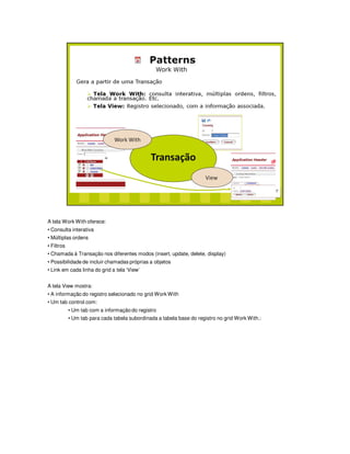 A tela Work With oferece:
• Consulta interativa
• Múltiplas ordens
• Filtros
• Chamada à Transação nos diferentes modos (insert, update, delete, display)
• Possibilidade de incluir chamadas próprias a objetos
• Link em cada linha do grid a tela ‘View’
A tela View mostra:
• A informação do registro selecionado no grid Work With
• Um tab control com:
• Um tab com a informação do registro
• Um tab para cada tabela subordinada a tabela base do registro no grid Work With.:
 