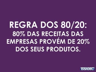 REGRA DOS 80/20:
80% DAS RECEITAS DAS
EMPRESAS PROVÉM DE 20%
DOS SEUS PRODUTOS.
 