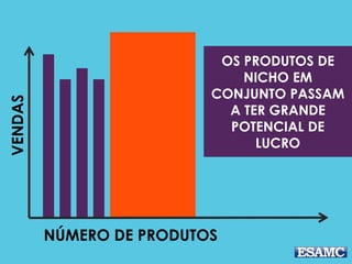 VENDAS
NÚMERO DE PRODUTOS
OS PRODUTOS DE
NICHO EM
CONJUNTO PASSAM
A TER GRANDE
POTENCIAL DE
LUCRO
 