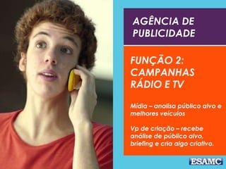AGÊNCIA DE
PUBLICIDADE
FUNÇÃO 2:
CAMPANHAS
RÁDIO E TV
Mídia – analisa público alvo e
melhores veículos
Vp de criação – recebe
análise de público alvo,
briefing e cria algo criativo.
 