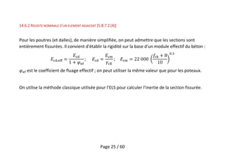 Page 25 / 60
14.6.2 RIGIDITE NOMINALE D’UN ELEMENT ADJACENT [5.8.7.2 (4)]
Pour les poutres (et dalles), de manière simplifiée, on peut admettre que les sections sont
entièrement fissurées. Il convient d'établir la rigidité sur la base d'un module effectif du béton :
,
.
est le coefficient de fluage effectif ; on peut utiliser la même valeur que pour les poteaux.
On utilise la méthode classique utilisée pour l’ELS pour calculer l’inertie de la section fissurée.
 