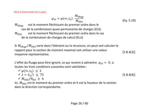 Page 26 / 60
14.6.3 COEFFICIENT DE FLUAGE:
est le moment fléchissant du premier ordre dans le
cas de la combinaison quasi-permanente de charges (ELS)
est le moment fléchissant du premier ordre dans le cas
de la combinaison de charges de calcul (ELU)
(Eq. 5.19)
Si varie dans l'élément ou la structure, on peut soit calculer le
rapport pour la section de moment maximal soit utiliser une valeur
moyenne représentative.
[5.8.4(3)]
L'effet du fluage peut être ignoré, ce qui revient à admettre , si
toutes les trois conditions suivantes sont satisfaites :



Ici, est le moment du premier ordre et est la hauteur de la section
dans la direction correspondante.
[5.8.4(4)]
 