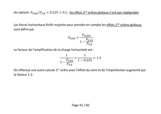 Page 41 / 60
On obtient , , , les effets 2nd
ordres globaux n’est pas négligeable
Les forces horizontaux fictifs majorée pour prendre en compte les effets 2nd
ordres globaux,
sont défini par
,
,
,
,
Le facteur de l’amplification de la charge horizontale est :
,
,
On effectue une autre calcule 1er
ordre avec l’effort du vent et de l’imperfection augmenté par
le facteur 1.3.
 