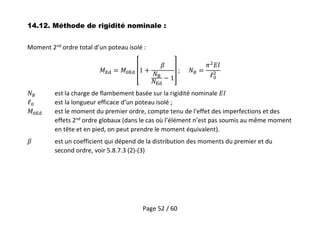 Page 52 / 60
14.12. Méthode de rigidité nominale :
Moment 2nd
ordre total d’un poteau isolé :
est la charge de flambement basée sur la rigidité nominale
est la longueur efficace d’un poteau isolé ;
est le moment du premier ordre, compte tenu de l'effet des imperfections et des
effets 2nd
ordre globaux (dans le cas où l’élément n’est pas soumis au même moment
en tête et en pied, on peut prendre le moment équivalent).
est un coefficient qui dépend de la distribution des moments du premier et du
second ordre, voir 5.8.7.3 (2)-(3)
 
