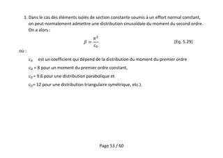 Page 53 / 60
1. Dans le cas des éléments isolés de section constante soumis à un effort normal constant,
on peut normalement admettre une distribution sinusoïdale du moment du second ordre.
On a alors :
(Eq. 5.29)
où :
est un coefficient qui dépend de la distribution du moment du premier ordre
= 8 pour un moment du premier ordre constant,
= 9.6 pour une distribution parabolique et
= 12 pour une distribution triangulaire symétrique, etc.).
 