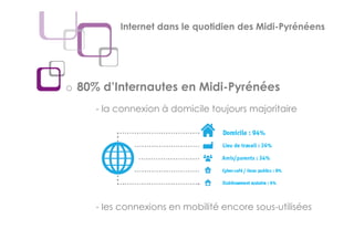 Internet dans le quotidien des Midi-Pyrénéens




o 80% d’Internautes en Midi-Pyrénées
     - la connexion à domicile toujours majoritaire




     - les connexions en mobilité encore sous-utilisées
 