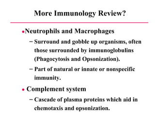 More Immunology Review? ● Neutrophils and Macrophages Surround and gobble up organisms, often those surrounded by immunoglobulins (Phagocytosis and Opsonization). Part of natural or innate or nonspecific immunity. ●   Complement system Cascade of plasma proteins which aid in chemotaxis and opsonization. 