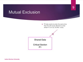 Mutual Exclusion
 P2 also wants to enter the same time
then P2 will not be allowed to enter
while P1 is in CS. Its like a lock.
Lahore Garrison University
9
Shared Data
Critical Section
P1
 