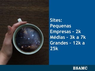 Sites:
Pequenas
Empresas – 2k
Médias – 3k a 7k
Grandes – 12k a
25k
 