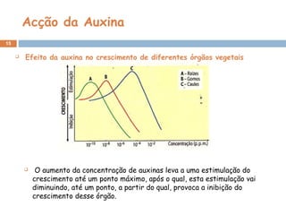 Acção da Auxina
15
  Efeito da auxina no crescimento de diferentes órgãos vegetais
 O aumento da concentração de auxinas leva a uma estimulação do
crescimento até um ponto máximo, após o qual, esta estimulação vai
diminuindo, até um ponto, a partir do qual, provoca a inibição do
crescimento desse órgão.
 