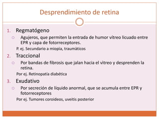 Desprendimiento de retinaRegmatógenoAgujeros, que permiten la entrada de humor vítreo licuado entre EPR y capa de fotorreceptores.P. ej. Secundario a miopìa, traumàticosTraccionalPor bandas de fibrosis que jalan hacia el vìtreo y desprenden la retina.Por ej. Retinopatía diabéticaExudativoPor secreción de líquido anormal, que se acumula entre EPR y fotorreceptoresPor ej. Tumores coroideos, uveitis posterior