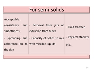 102
For semi-solids
-Acceptable
consistency and
smoothness
- Spreading and
adherence on to
the skin
- Removal from jars or
extrusion from tubes
- Capacity of solids to mix
with miscible liquids
- Fluid transfer
- Physical stability
etc.,
 