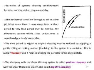 138
RATEOFSHEAR
SHEARING STRESS
The time period to regain its original viscosity may be reduced by applying a
gentle rolling or rocking motion (tumbling) to the system in a container. This is
called ‘rheopexy’ and it helps in bringing the particles to the original state.
The rheopexy with the shear thinning system is called positive rheopexy and
with the shear thickening system, it is called negative rheopexy.
Examples of systems showing antithixotropic
behavior are magnesium magma and clay.
The isothermal transition from gel to sol or sol to
gel takes some time. It may range from a short
period to very long period may be months. Any
thixotropic system which takes undue time is
considered practically irreversible.
 