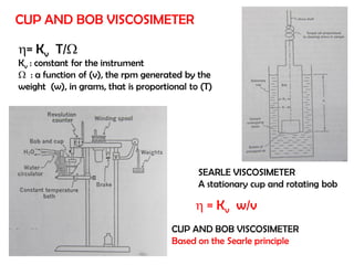 CUP AND BOB VISCOSIMETER
SEARLE VISCOSIMETER
A stationary cup and rotating bob
CUP AND BOB VISCOSIMETER
Based on the Searle principle
= Kv T/
Kv : constant for the instrument
 : a function of (v), the rpm generated by the
weight (w), in grams, that is proportional to (T)
 = Kv w/v
 