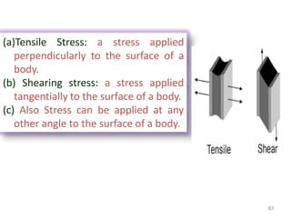 83
(a)Tensile Stress: a stress applied
perpendicularly to the surface of a
body.
(b) Shearing stress: a stress applied
tangentially to the surface of a body.
(c) Also Stress can be applied at any
other angle to the surface of a body.
 