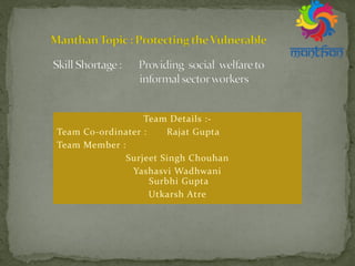 Team Details :-
Team Co-ordinater : Rajat Gupta
Team Member :
Surjeet Singh Chouhan
Yashasvi Wadhwani
Surbhi Gupta
Utkarsh Atre
 