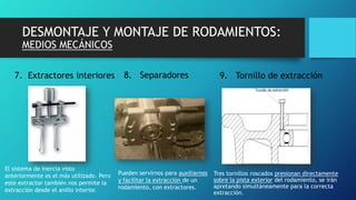 DESMONTAJE Y MONTAJE DE RODAMIENTOS:
MEDIOS MECÁNICOS
8. Separadores 9. Tornillo de extracción7. Extractores interiores
Tres tornillos roscados presionan directamente
sobre la pista exterior del rodamiento, se irán
apretando simultáneamente para la correcta
extracción.
Pueden servirnos para auxiliarnos
y facilitar la extracción de un
rodamiento, con extractores.
El sistema de inercia visto
anteriormente es el más utilizado. Pero
este extractor también nos permite la
extracción desde el anillo interior.
 