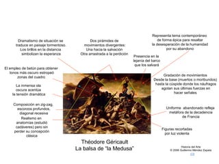 Historia del Arte
© 2006 Guillermo Méndez Zapata
Théodore Géricault
La balsa de “la Medusa”
Dos pirámides de
movimientos divergentes:
Una hacia la salvación
Otra arrastrada a la perdición
Uniforme abandonado refleja
metáfora de la decadencia
de FranciaRealismo en
anatomías (estudió
cadáveres) pero sin
perder su concepción
clásica
Presencia en la
lejanía del barco
que los salvará
Dramatismo de situación se
traduce en paisaje tormentoso.
Los brillos en la distancia
simbolizan la esperanza
La inmensa ola
oscura acentúa
la tensión dramática
Gradación de movimientos
Desde la base (muertos o moribundos)
hasta la cúspide donde los náufragos
agotan sus últimas fuerzas en
hacer señales
Composición en zig-zag,
escorzos profundos,
diagonal recesiva
El empleo de betún para obtener
tonos más oscuro estropeó
zonas del cuadro
Figuras recortadas
por luz violenta
Representa tema contemporáneo
de forma épica para resaltar
la desesperación de la humanidad
por su abandono