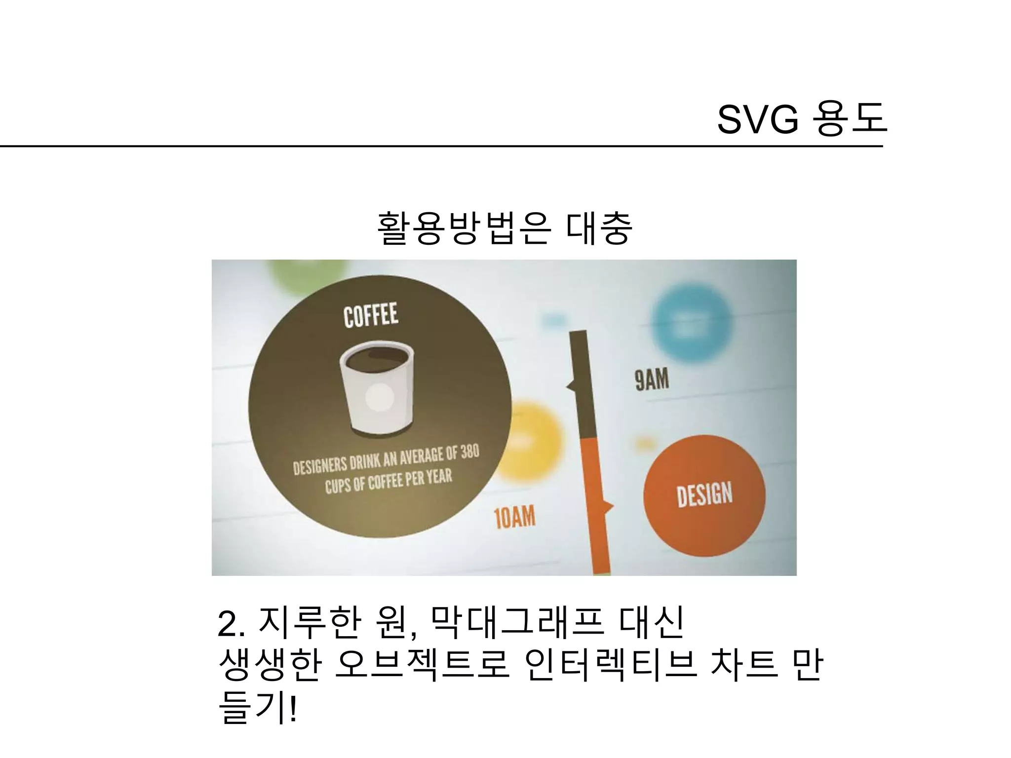 활용방법은 대충
SVG 용도
2. 지루한 원, 막대그래프 대신
생생한 오브젝트로 인터렉티브 차트 만
들기!
 