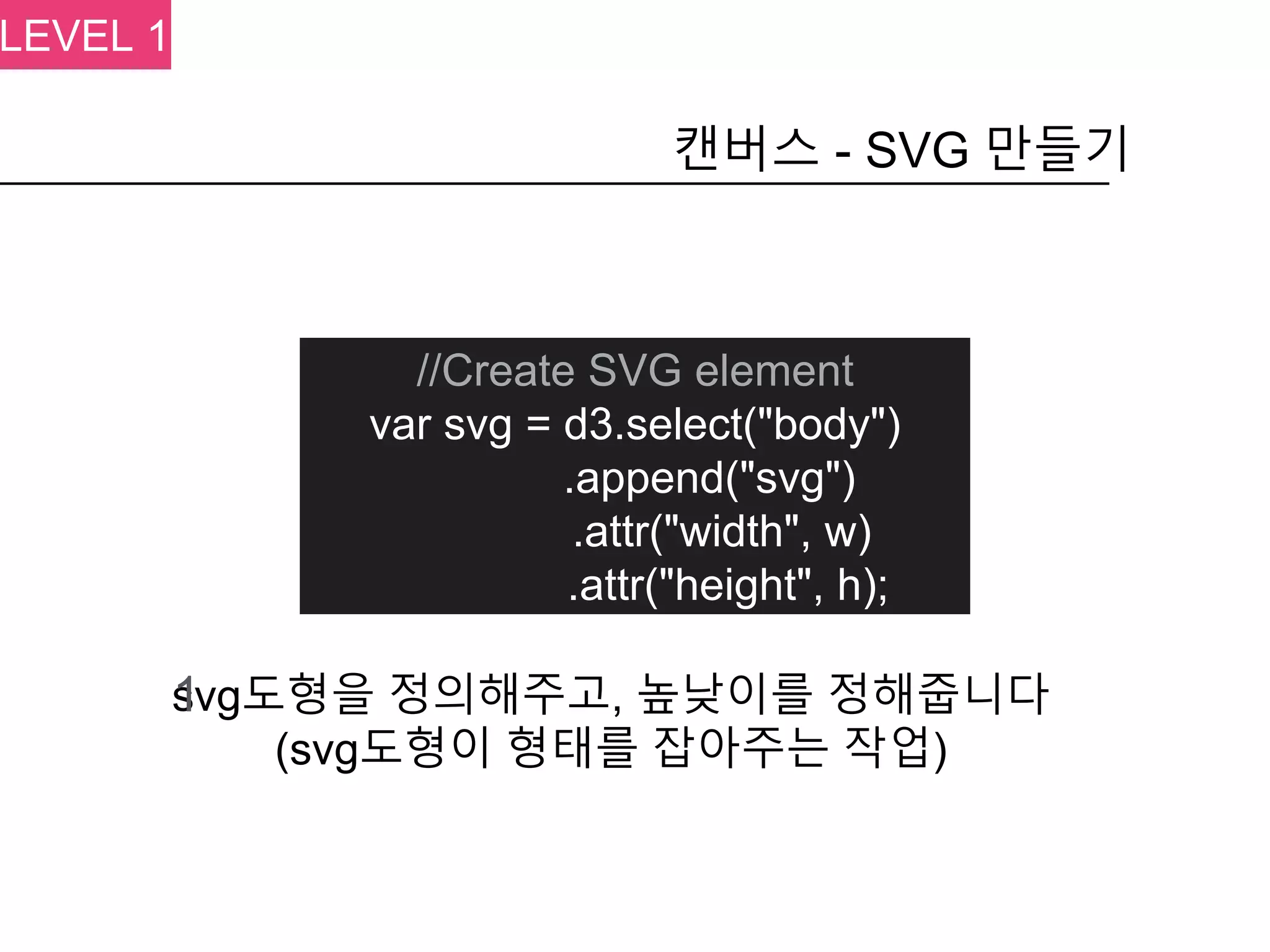 //Create SVG element
var svg = d3.select("body")
.append("svg")
.attr("width", w)
.attr("height", h);
캔버스 - SVG 만들기
svg도형을 정의해주고, 높낮이를 정해줍니다
(svg도형이 형태를 잡아주는 작업)
1
LEVEL 1
 