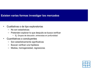 Existen varias formas investigar los mercados Cualitativas o de tipo exploratorias No son estadísticas Pretenden explorar lo que después se busca verificar Ej. Grupos de discusión, entrevistas en profundidad Cuantitativas o concluyentes Son estadísticamente significativas Buscan verificar una hipótesis Medias, homogeneidad, regresiones 