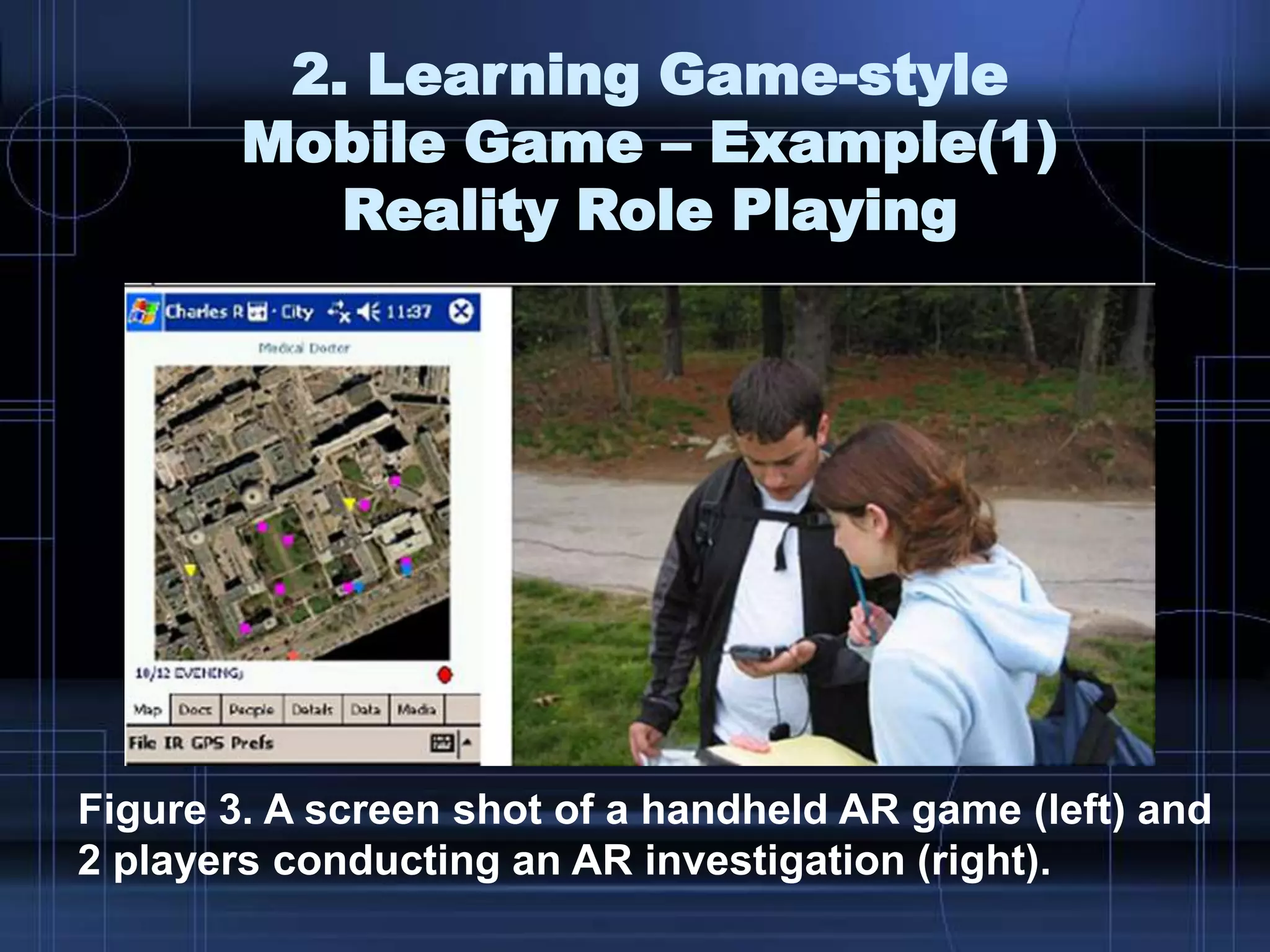 2. Learning Game-style
Mobile Game – Example(1)
Reality Role Playing
Figure 3. A screen shot of a handheld AR game (left) and
2 players conducting an AR investigation (right).
 