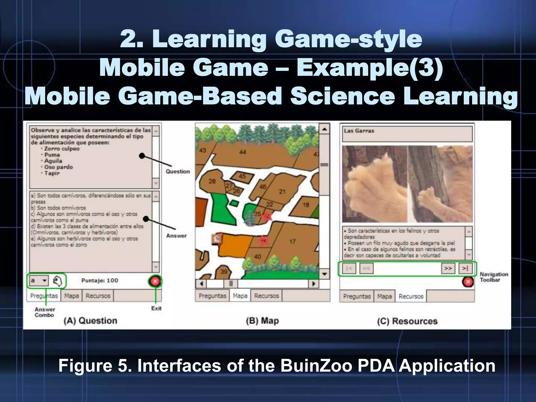 Figure 5. Interfaces of the BuinZoo PDA Application
2. Learning Game-style
Mobile Game – Example(3)
Mobile Game-Based Science Learning
 