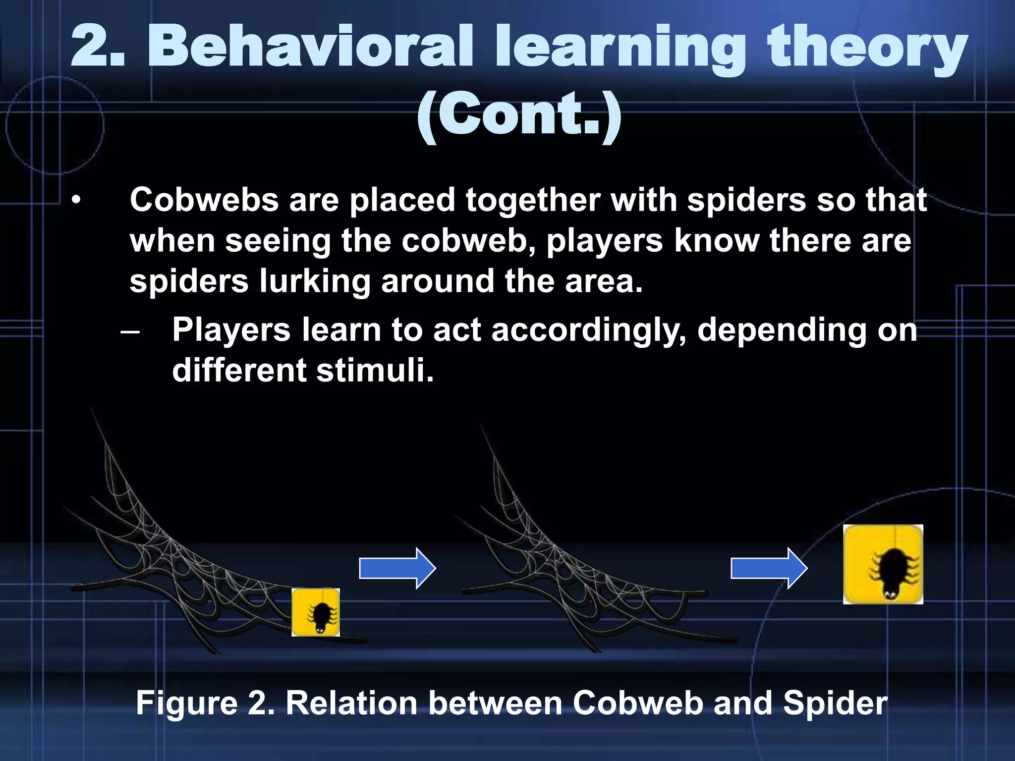 2. Behavioral learning theory
(Cont.)
• Cobwebs are placed together with spiders so that
when seeing the cobweb, players know there are
spiders lurking around the area.
– Players learn to act accordingly, depending on
different stimuli.
Figure 2. Relation between Cobweb and Spider
 