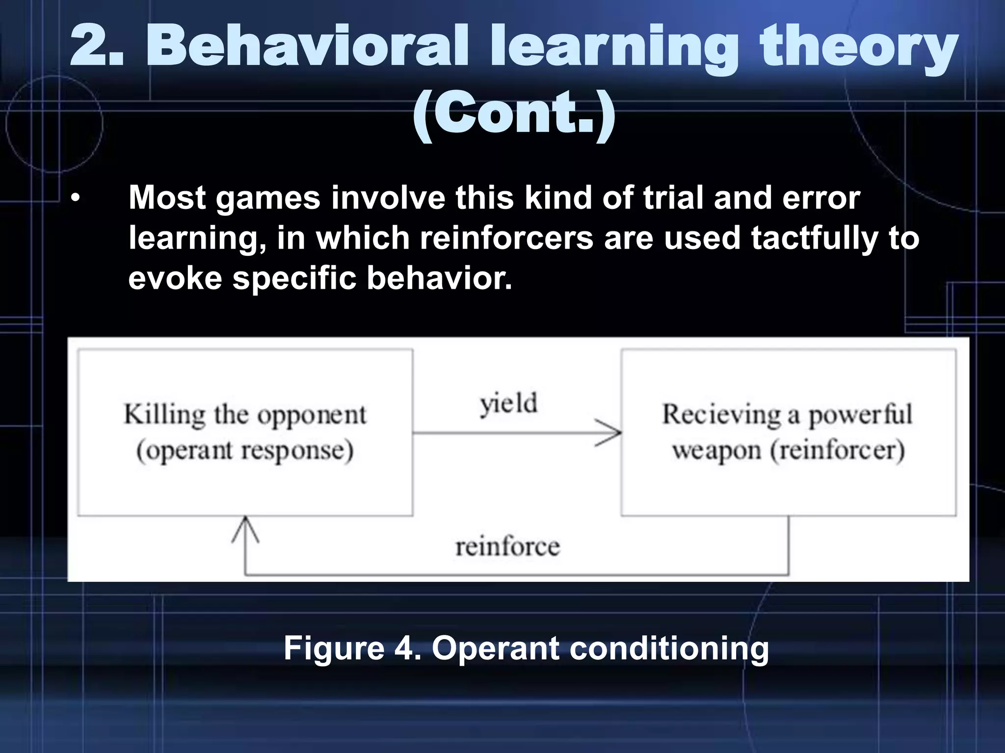 2. Behavioral learning theory
(Cont.)
• Most games involve this kind of trial and error
learning, in which reinforcers are used tactfully to
evoke specific behavior.
Figure 4. Operant conditioning
 