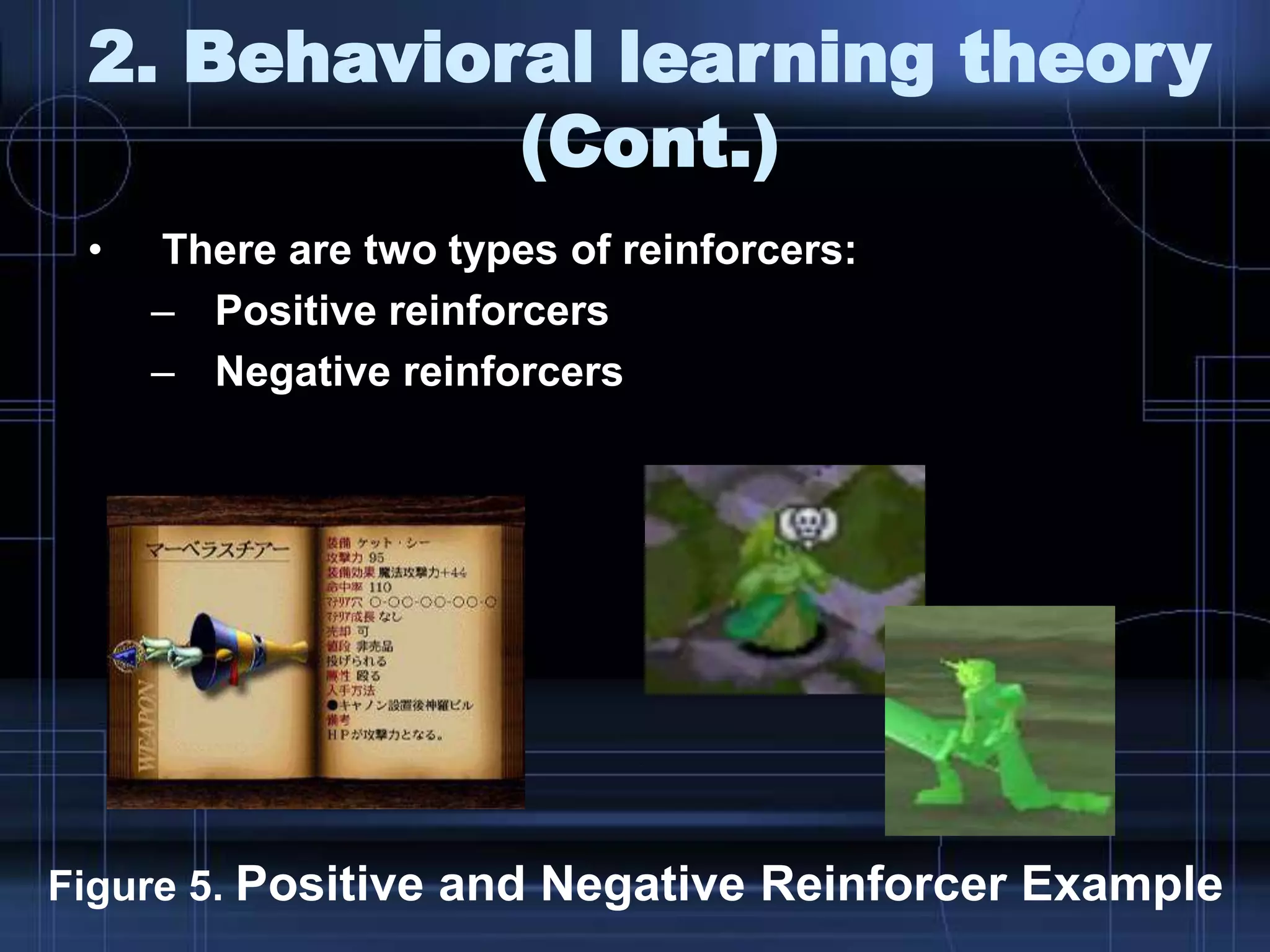 2. Behavioral learning theory
(Cont.)
• There are two types of reinforcers:
– Positive reinforcers
– Negative reinforcers
Figure 5. Positive and Negative Reinforcer Example
 