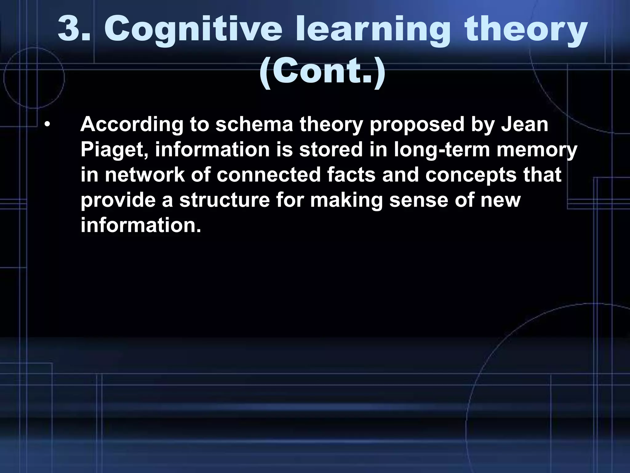 3. Cognitive learning theory
(Cont.)
• According to schema theory proposed by Jean
Piaget, information is stored in long-term memory
in network of connected facts and concepts that
provide a structure for making sense of new
information.
 