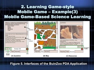 Figure 5. Interfaces of the BuinZoo PDA Application
2. Learning Game-style
Mobile Game – Example(3)
Mobile Game-Based Science Learning
 